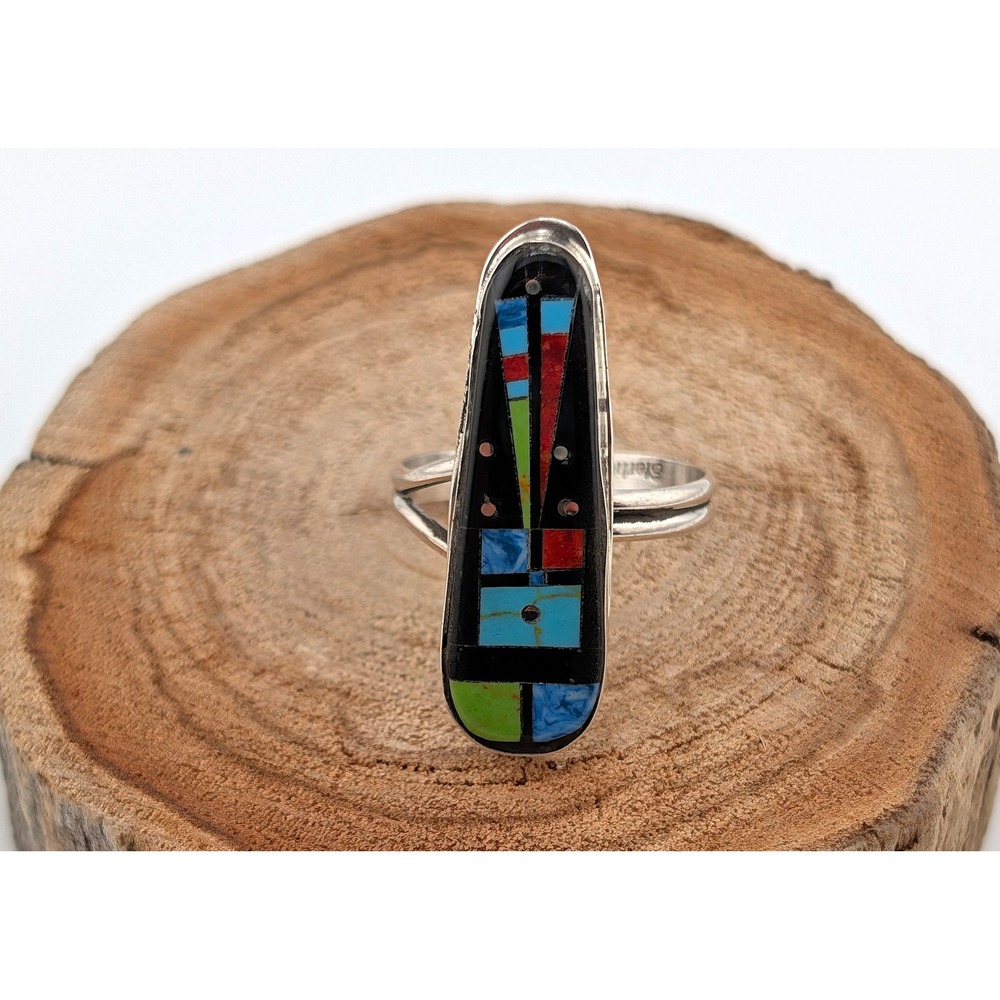 Handmade Zuni Inlay Ring by Gilbert Smith Adjustable Sterling Silver Night Day - Picture 6 of 9